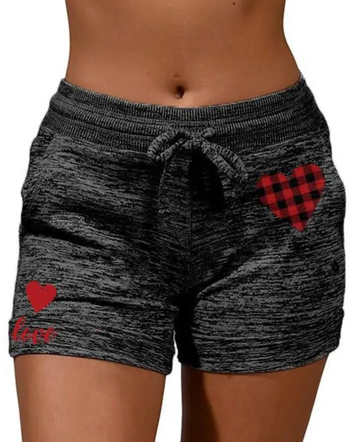 Solid Color Splicing Heart Print Drawstring Short Pants