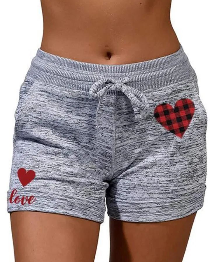 Solid Color Splicing Heart Print Drawstring Short Pants