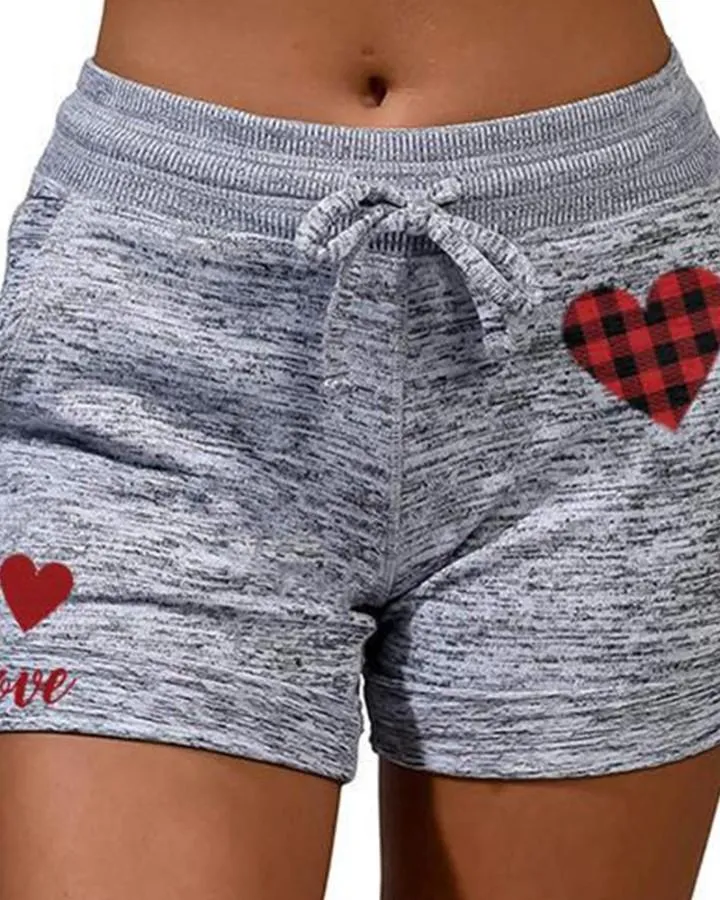 Solid Color Splicing Heart Print Drawstring Short Pants