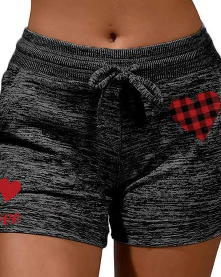 Solid Color Splicing Heart Print Drawstring Short Pants