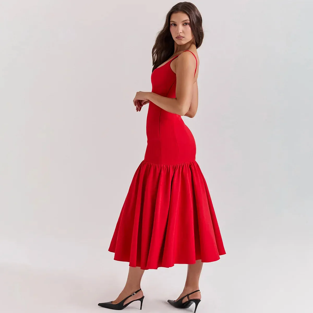 Solid Flare Skirt Charming Tank Midi Dress