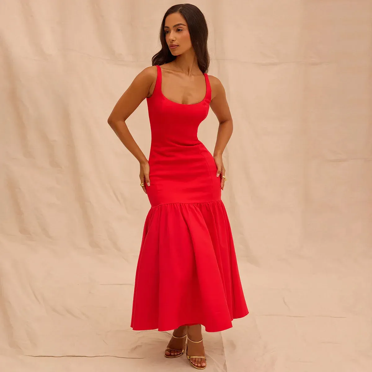 Solid Flare Skirt Charming Tank Midi Dress