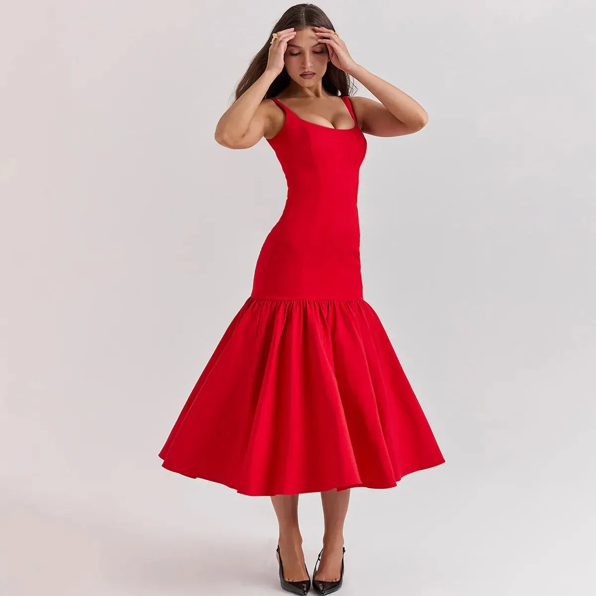 Solid Flare Skirt Charming Tank Midi Dress