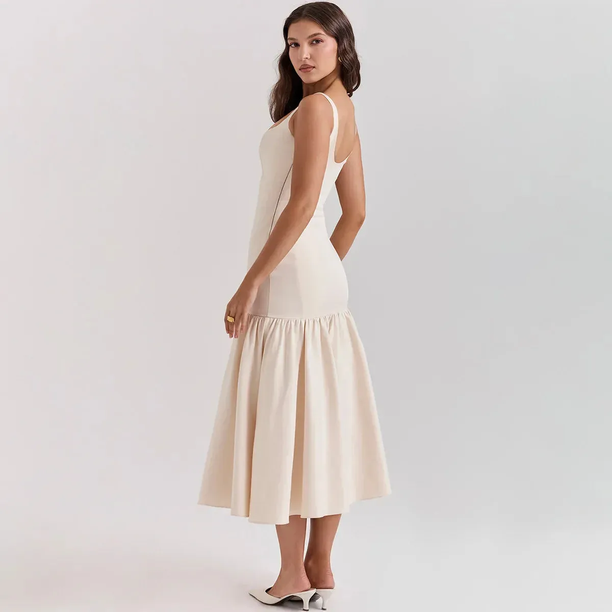 Solid Flare Skirt Charming Tank Midi Dress