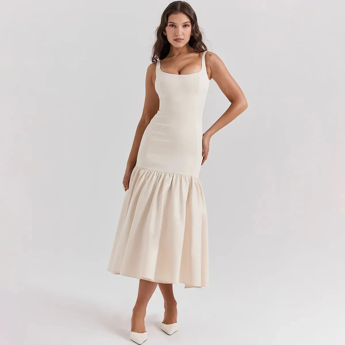 Solid Flare Skirt Charming Tank Midi Dress