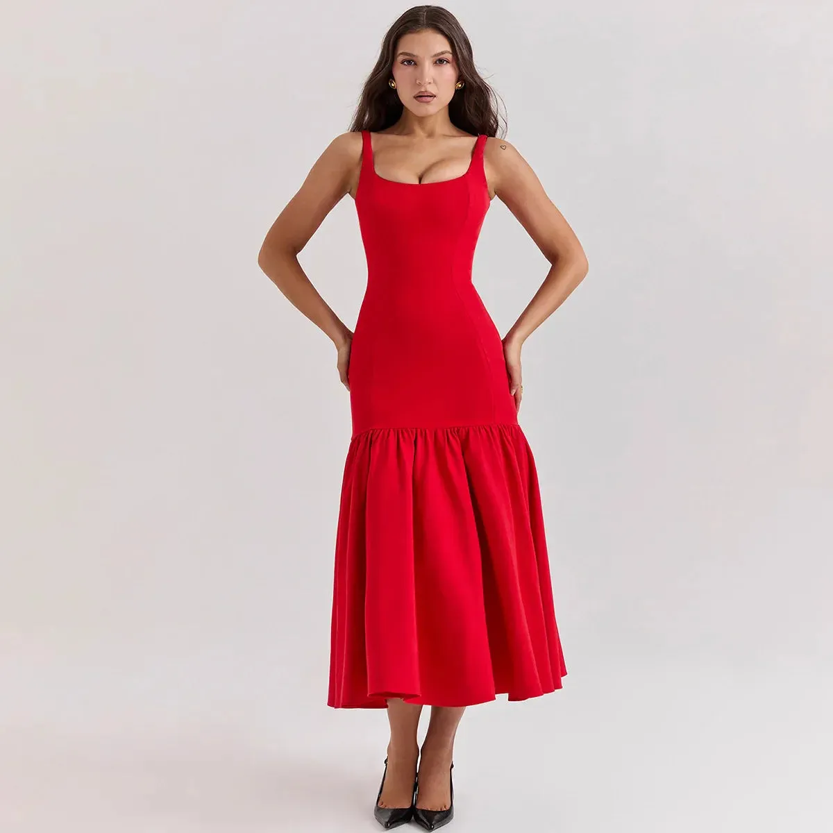 Solid Flare Skirt Charming Tank Midi Dress