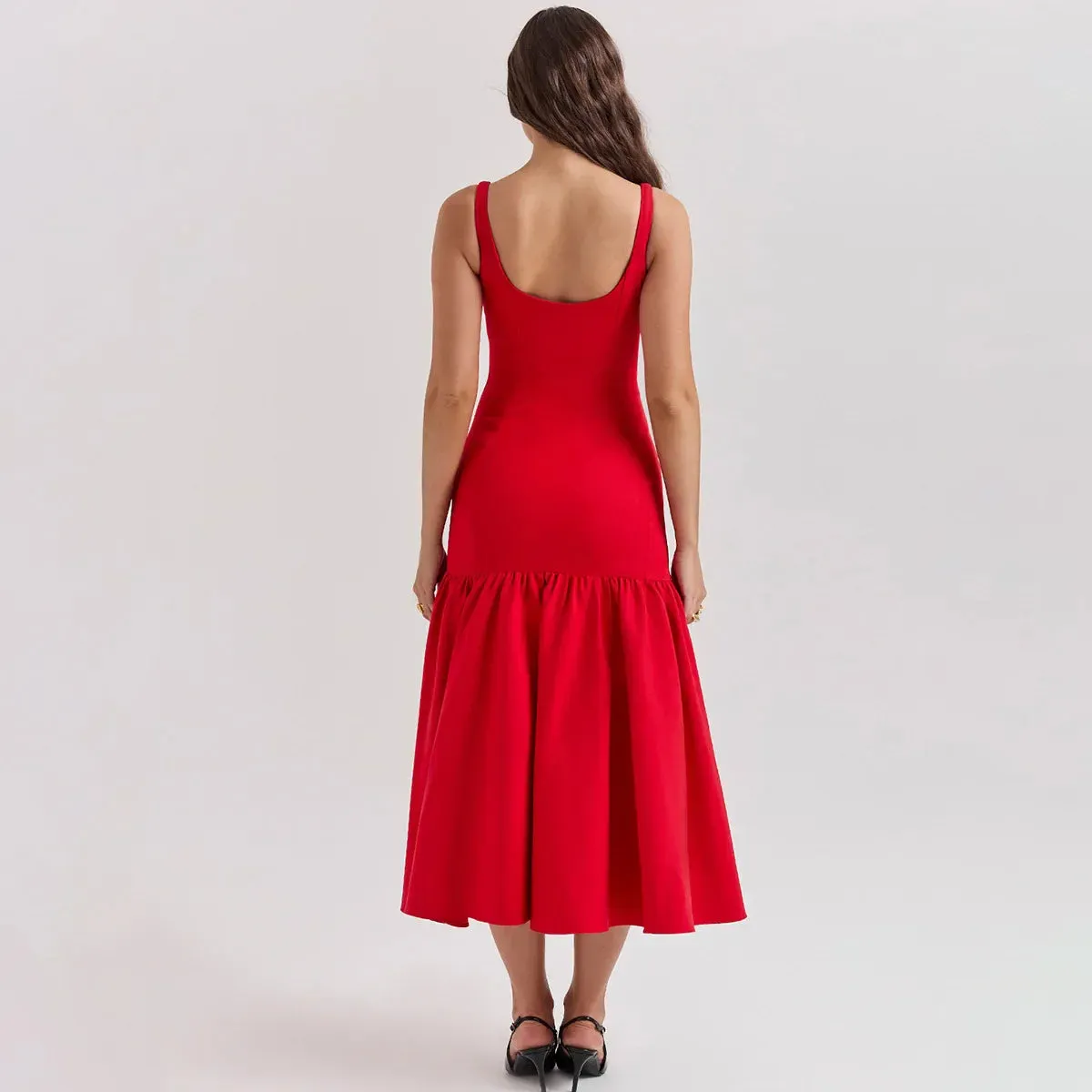 Solid Flare Skirt Charming Tank Midi Dress