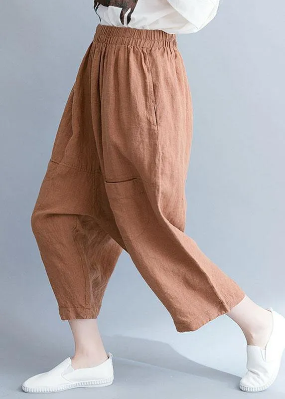 summer new khaki cotton linen pants plus size elastic waist crop pants