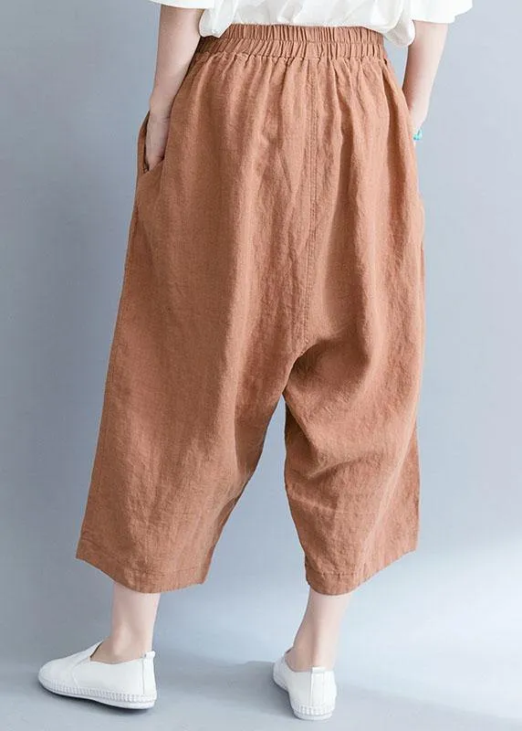 summer new khaki cotton linen pants plus size elastic waist crop pants