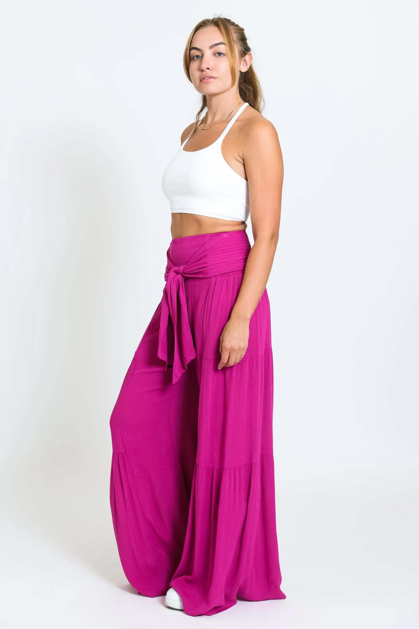 TIE WAIST TIERED WIDE LEG PANT - POMEGRANATE