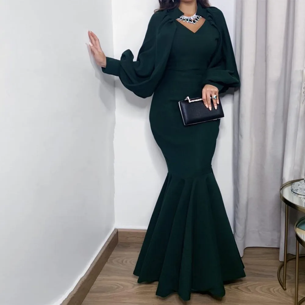 V neck long sleeves midi mermaid dress | African style banquet mermaid dress