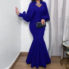 V neck long sleeves midi mermaid dress | African style banquet mermaid dress