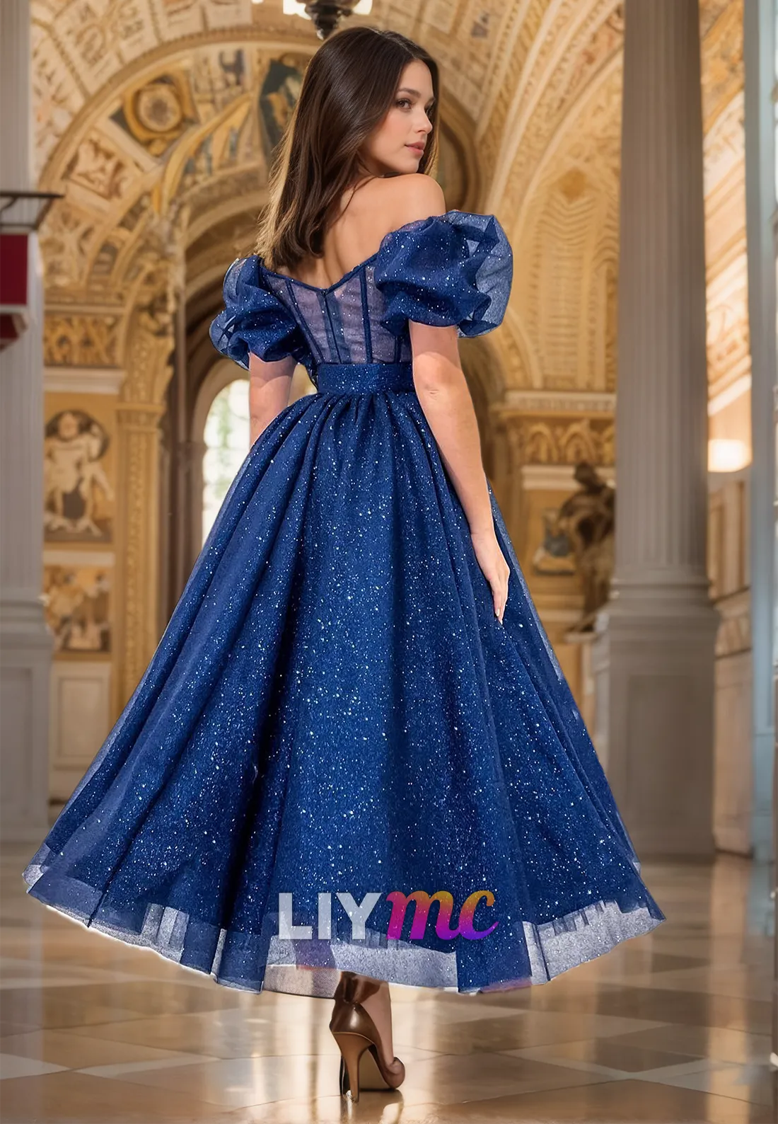 V-Neck Puff Sleeves Pleated A-Line Sparkly Prom Dress