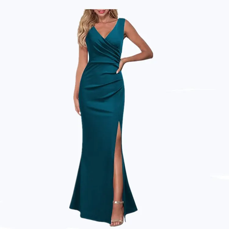 V neck sleeves high split maxi dress | Lady's elegant summer party banquet gown dress