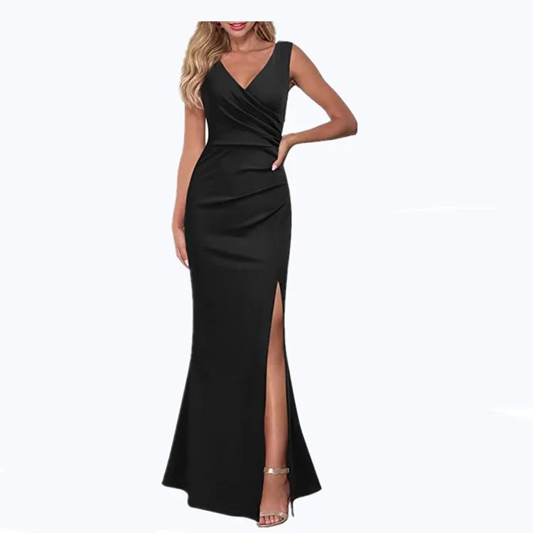 V neck sleeves high split maxi dress | Lady's elegant summer party banquet gown dress