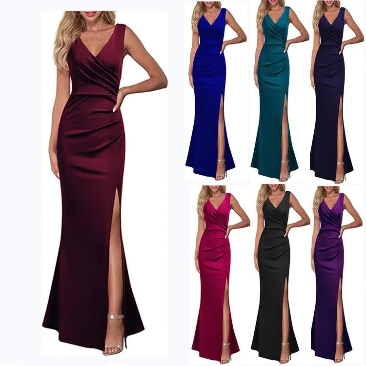 V neck sleeves high split maxi dress | Lady's elegant summer party banquet gown dress