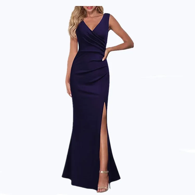 V neck sleeves high split maxi dress | Lady's elegant summer party banquet gown dress