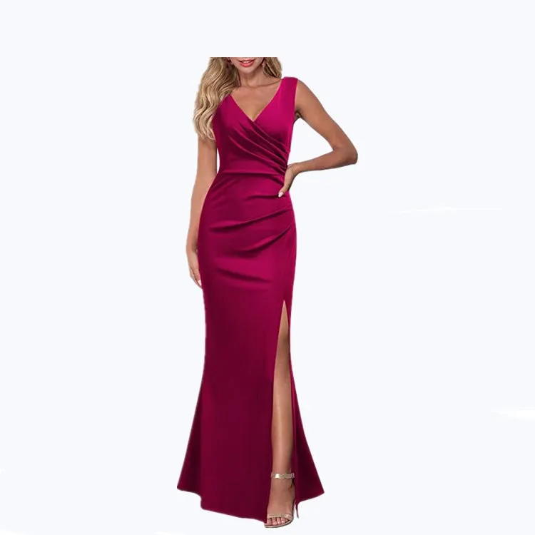 V neck sleeves high split maxi dress | Lady's elegant summer party banquet gown dress