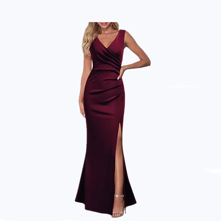 V neck sleeves high split maxi dress | Lady's elegant summer party banquet gown dress