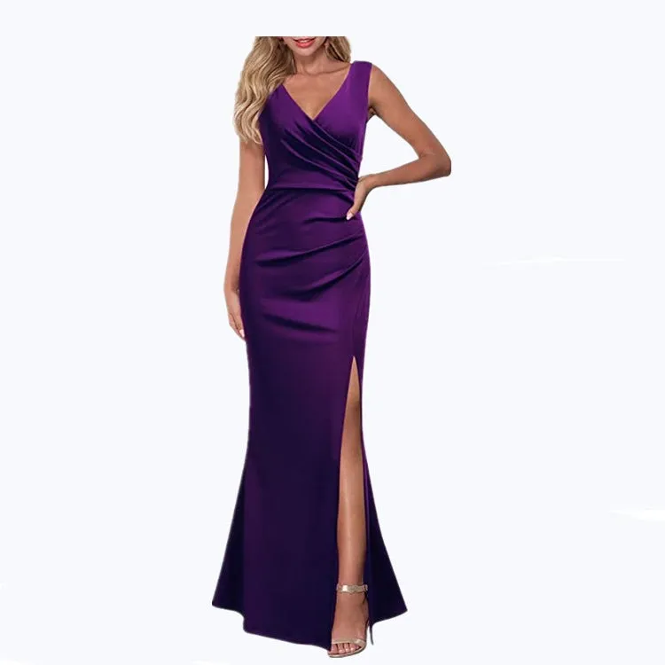 V neck sleeves high split maxi dress | Lady's elegant summer party banquet gown dress