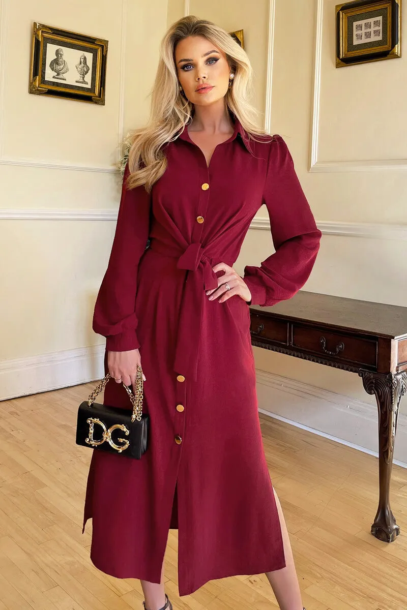 Wine Button Front Tie Shirt Midi Dress