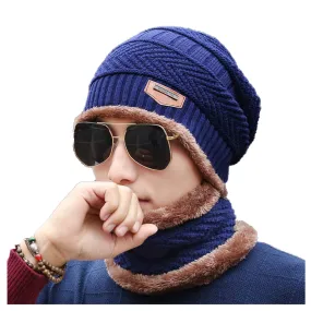 Winter Warm Knitted Beanie and Warm Scarf Set for Man - Navy Color