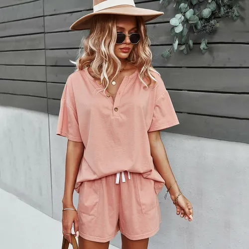 Women Casual Short Sleeve Tops Shorts Set