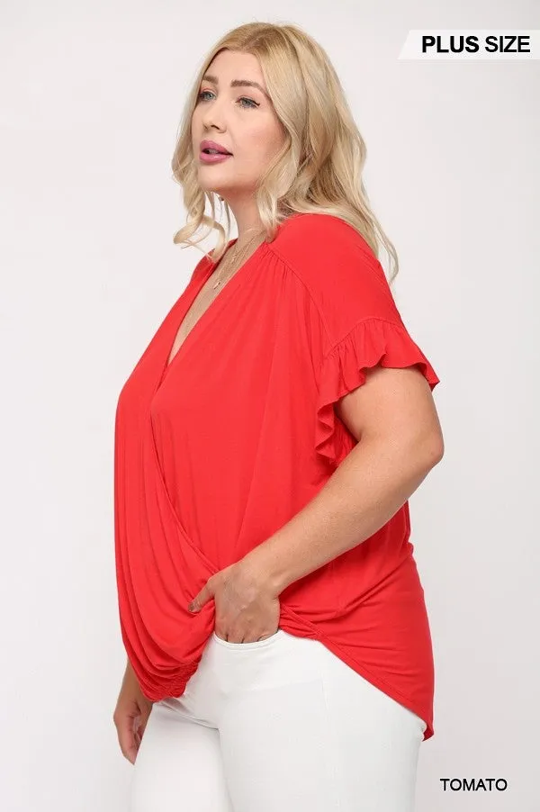 Women's Plus Solid Viscose Knit Surplice Top With Ruffle Sleeve