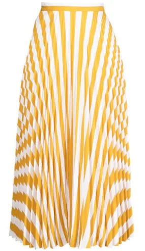 Yellow Striped Pleated Midi Skirt