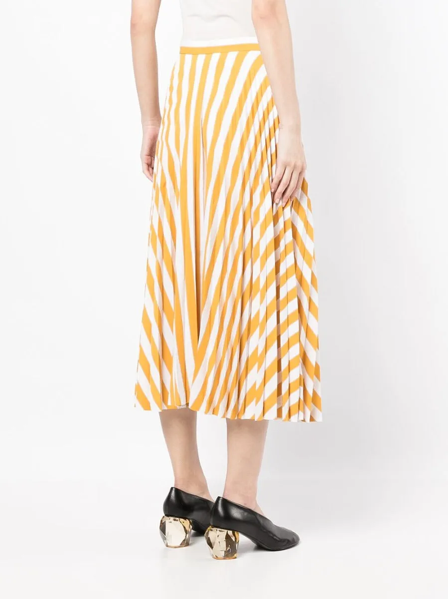 Yellow Striped Pleated Midi Skirt